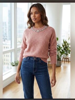 NWT $98 Express Pink Embellished Jeweled Crew Neck Sweater Women sz S